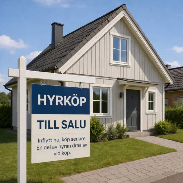 Modern villa i lugnt bostadsområde med skylt om hyrköp till salu – illustrerar möjligheten att köpa bostad via hyrköp och göra bostadsägande mer tillgängligt.
