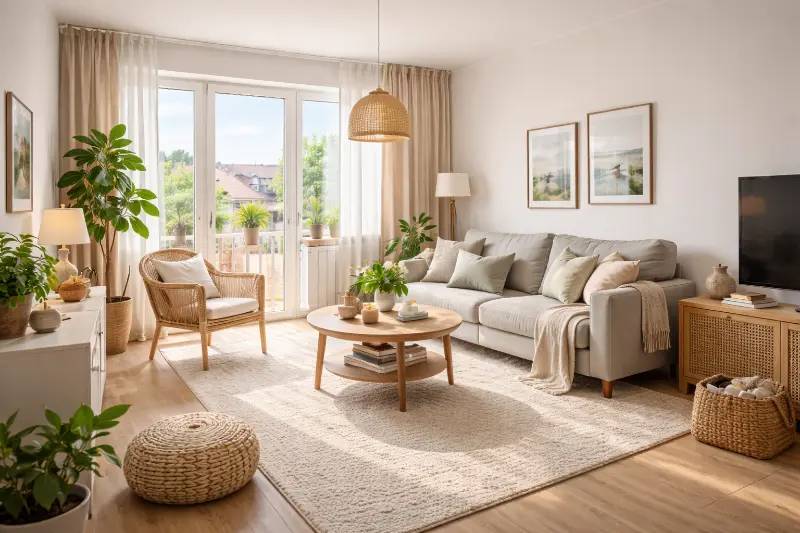 Ljust och modernt svenskt vardagsrum med skandinavisk inredning, stora fönster, naturligt ljus, ljusa trädetaljer och stilren möblering.