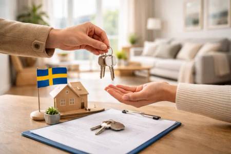 Nyckelöverlämning vid bostadsköp i ljus svensk lägenhet.