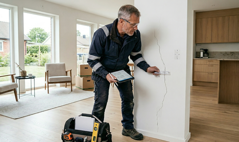 Person som tittar på spricka i vägg i nyköpt hus