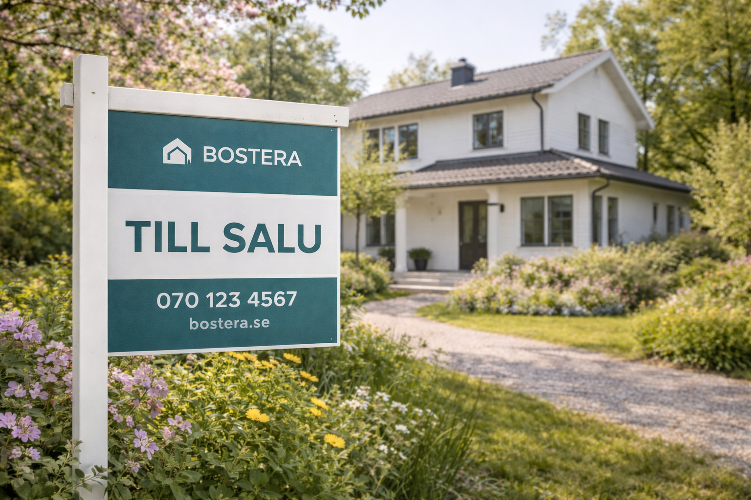 Husförsäljning med skylt utanför villa under vår
