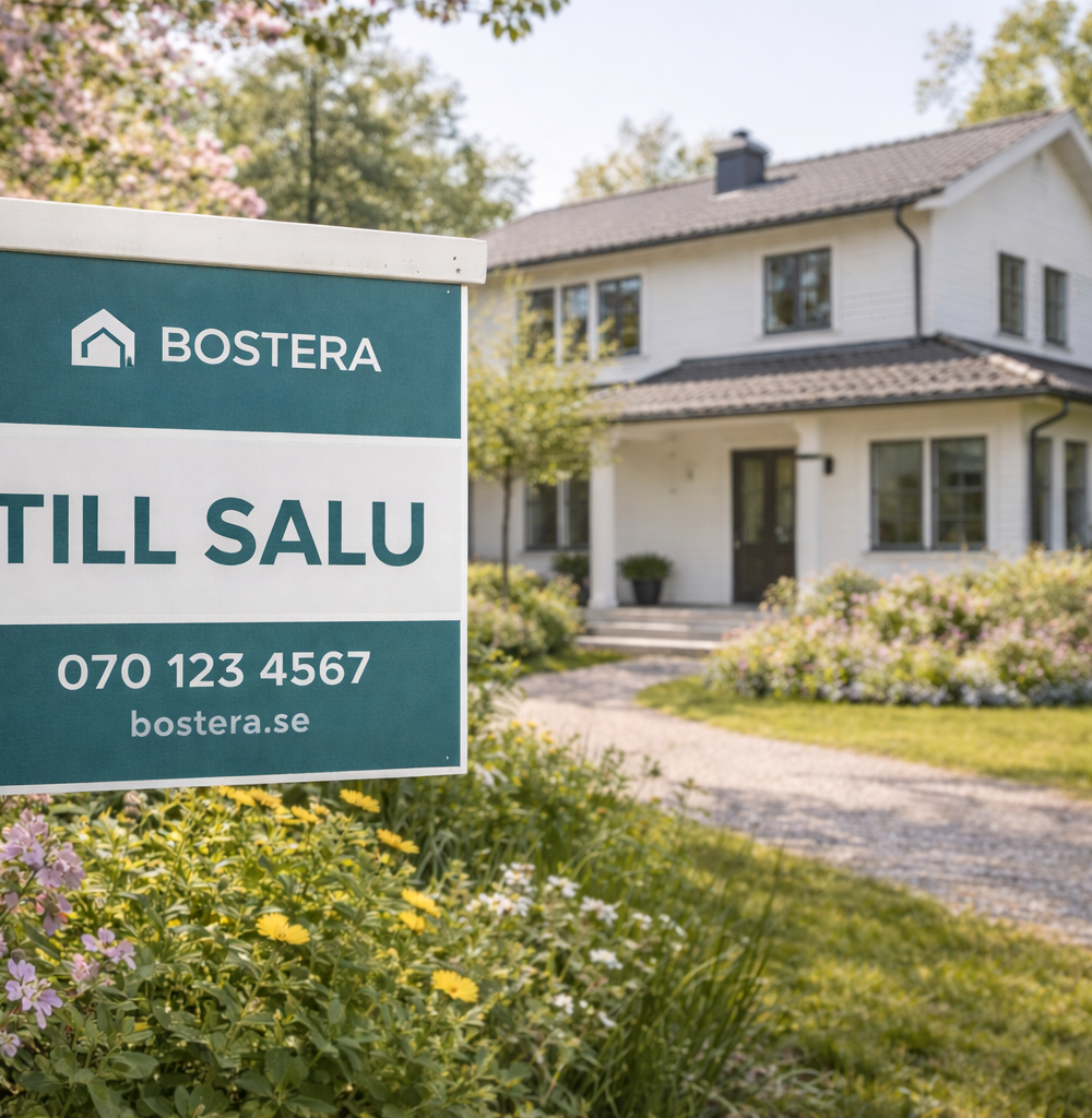 Husförsäljning med skylt utanför villa under vår