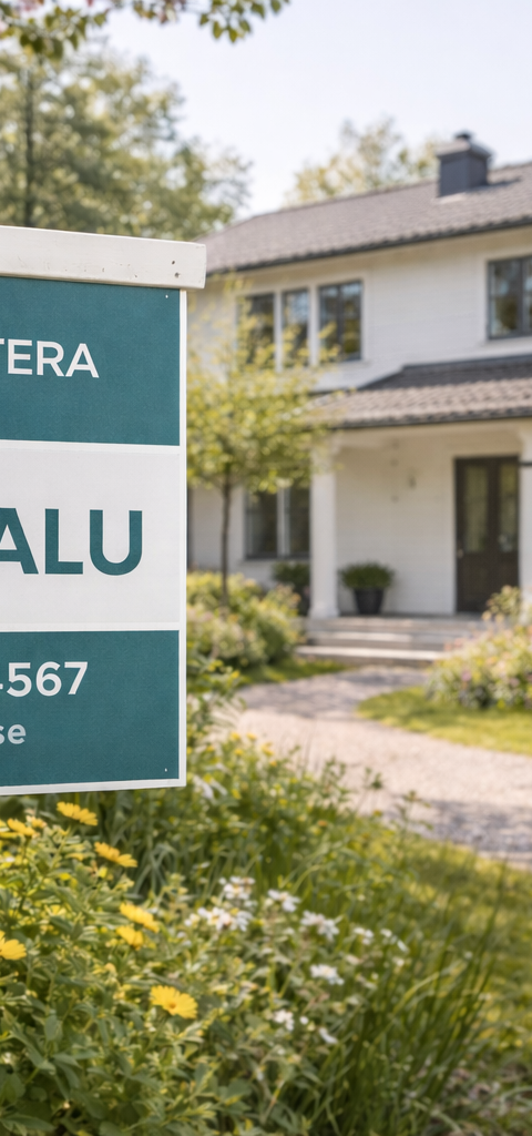 Husförsäljning med skylt utanför villa under vår